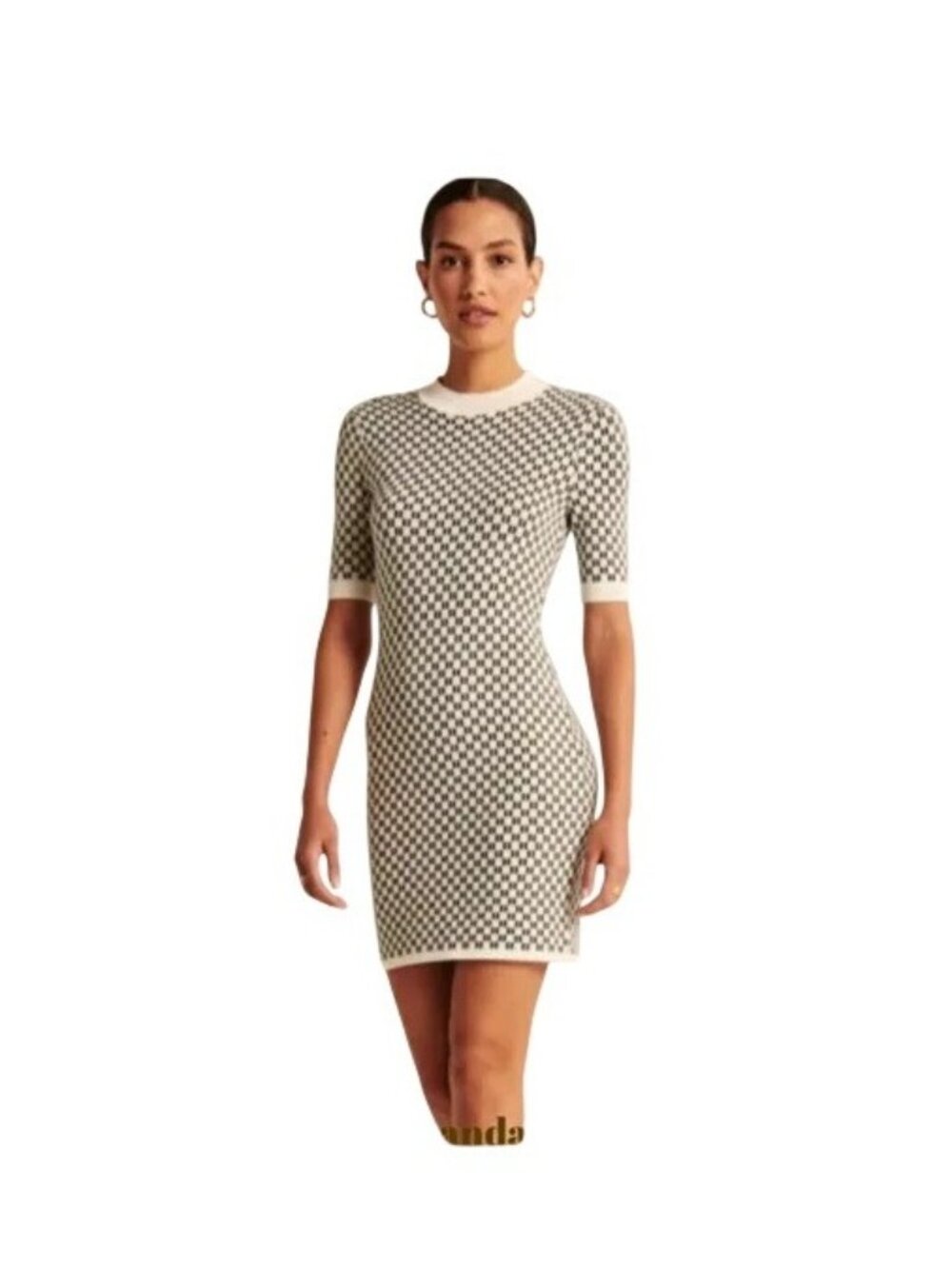 Abercrombie & Fitch Sweater Dress Size Large Black White Checkered Knit Mock Nec